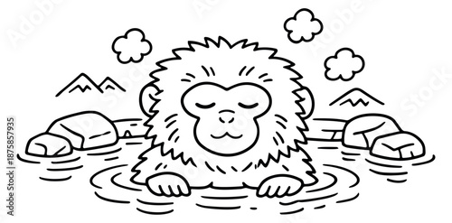 Line art illustration of a snow monkey depicting peaceful relaxation in a hot spring for nature and wellness