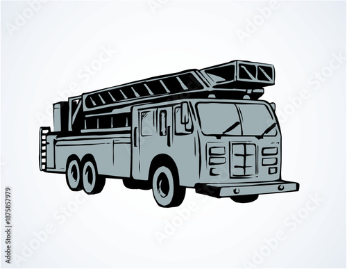 911 aid diesel drive van squad on white road backdrop. Freehand outline black ink hand drawn big lorry siren gear emblem logo sketchy in modern art scribble cartoon style pen on paper space for text