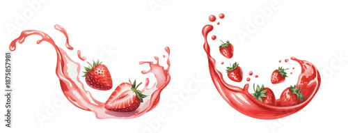 Fresh strawberries with juice splash in natural watercolor art.
