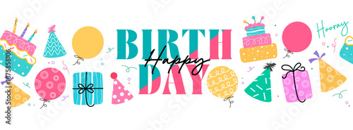 Happy birthday greeting clipart banner design. Birthday greeting text with colorful gift boxes, cakes and party hat elements clip art for party and holiday.

