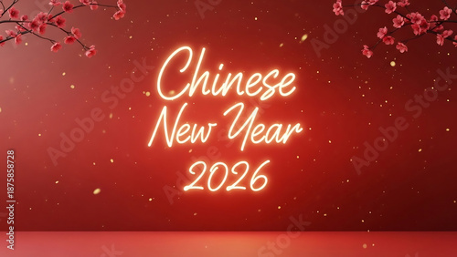 Chinese New Year 2026 Neon Sign with Cherry Blossom Branches and Falling Petals on Red Background.