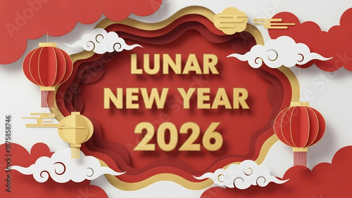 Lunar New Year 2026 Celebration with Traditional Red and Gold Decorations.