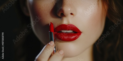 A woman with dark hair and red lips applies lipstick close up. She is wearing makeup which includes eye shadow and mascara.