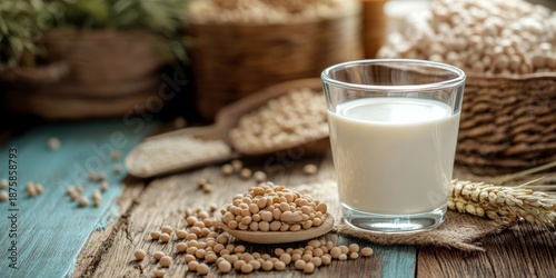A glass of milk is placed on a wooden table, accompanied by a spoon and a bowl of beans. The beans are spread out around the glass, creating a cozy and inviting atmosphere