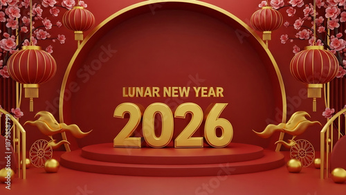 Lunar New Year 2026 Celebration with Golden Numbers and Traditional Decorations.