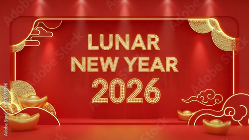 Lunar New Year 2026 Celebration with Golden Ingot Decorations.