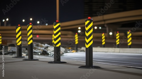 High visibility reflective traffic barriers with yellow and black stripes stand along an asphalt road at night with red lights on top