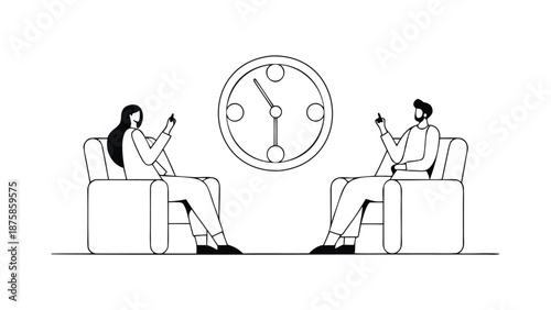Business professionals discussing time management sitting in armchairs with clock