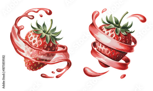 Botanical strawberry splash with soft hand-painted motion. Strawberry fruit wrapped in liquid splash watercolor art.