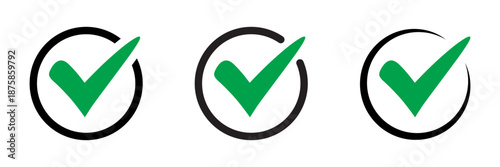 Green Tick Check Icon, Approved and Confirmed Symbols Set