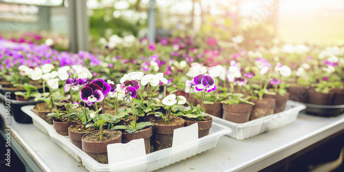 Wallpaper Mural Potted pansy plants blooming in a greenhouse display, showing fresh spring flowers ready for sale and gardening Torontodigital.ca