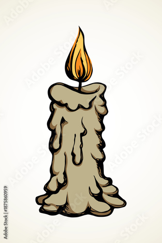 Big melt shape paraffin object on paper space for text. Outline dark ink hand drawn warm cathedral glare logo emblem pictogram banner design in art historic doodle engraved style. Closeup macro view