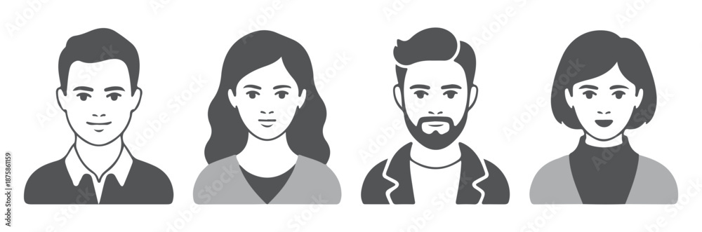 Fototapeta premium Four Diverse People Icons in Minimalist Style on White Background