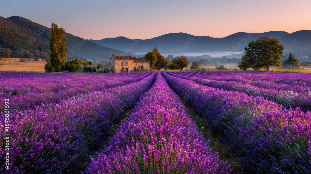 Fototapeta premium Sunrise over lavender fields in Provence: warm golden light on purple rows