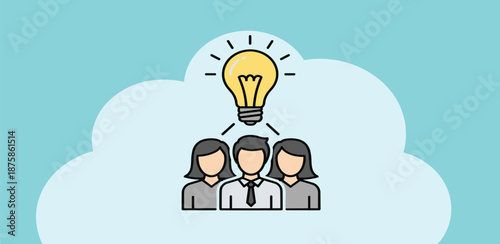 Team brainstorming with a glowing lightbulb above them in a cloud