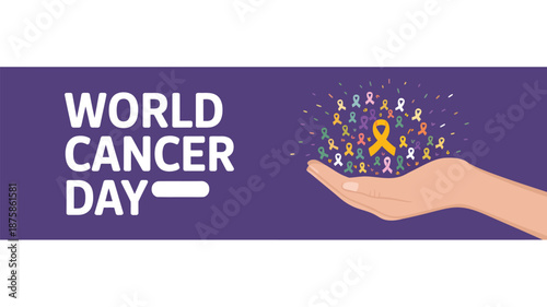 Hand holding cancer awareness ribbons for world cancer day Vector