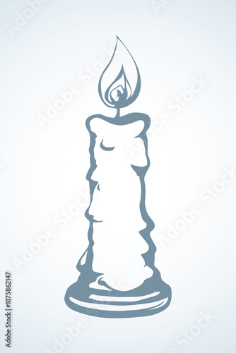 Big melt shape paraffin object on paper space for text. Outline dark ink hand drawn warm cathedral glare logo emblem pictogram banner design in art historic doodle engraved style. Closeup macro view