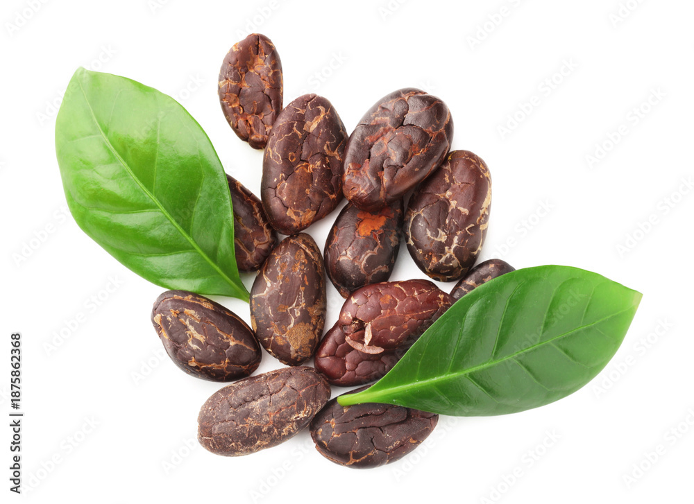 Obraz premium Natural cocoa beans and green leaves isolated on white, top view