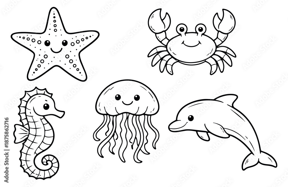 Fototapeta premium Hand drawn line art marine animals set featuring a starfish, crab, seahorse, jellyfish, and dolphin for children's education