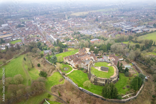 Aerial view of Farnham Castle, Surrey, England. in a misty day
