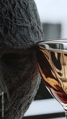 Abstract close up of sculptural textured form and amber glass cup exploring contrast of rough surface and smooth reflective material
