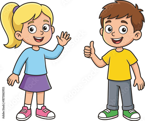 Happy cartoon boy and girl waving and showing thumbs up, cute kids characters illustration for education, children content, learning, and friendly design