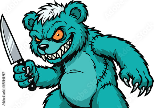 Aggressive cartoon teddy bear monster holding knife, scary stitched plush character illustration for horror mascot, gaming logo, streetwear, and dark design art