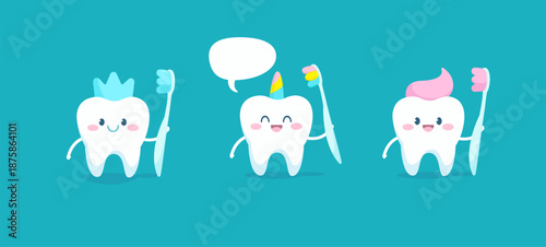 Cute cartoon tooth characters with toothbrush and toothpaste for children dental care design. Happy baby tooth characters for kids dental clinic branding. Editable hand draw vector