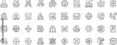 Collection, of, linear, icons, featuring, ESG, sustainability, ecology, environment, and, business, management, symbols, for, corporate, social, responsibility, projects, vector.