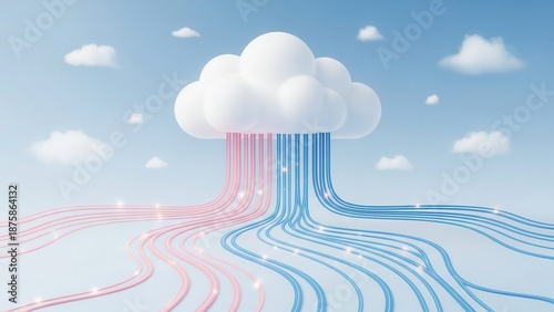 A conceptual illustration of cloud storage with data flowing as pastel pink and blue streams.