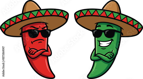 Cool cartoon chili peppers wearing sombreros and sunglasses, red and green jalapeno characters illustration for Mexican food themes, humor designs, branding, and festive graphics