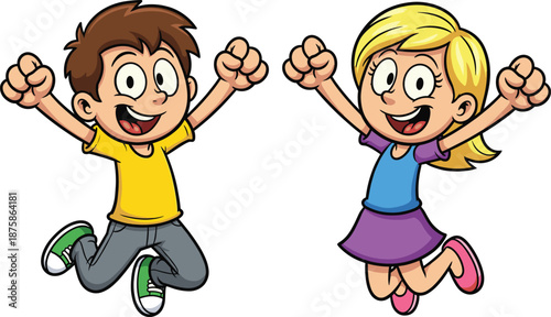 Happy cartoon kids jumping together, joyful boy and girl celebrating success, cute children illustration for education, teamwork, childhood happiness, fun activities, and positive emotions