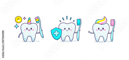 Cute cartoon tooth characters with toothbrush and toothpaste for dental care design. Happy baby tooth characters for dental clinic brand design. Editable hand draw vector