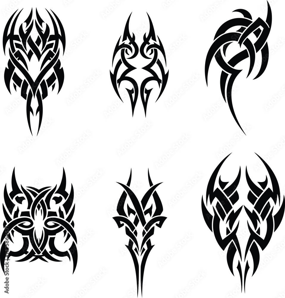 Obraz premium Vector set of black tribal tattoo designs with sharp curved lines and symmetrical patterns for creative body art logo.
