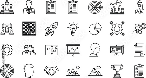 Set of business strategy and success line icons including chess target rocket and handshake symbols vector illustration isolated on white