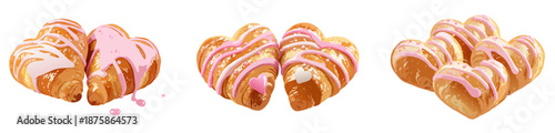 Valentine’s Day Heart Croissant Vector Illustration – Soft Illustrated Pink Drizzled Croissants with Romantic Accents