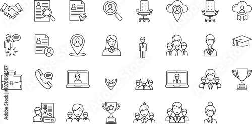 Set of business and human resources line icons including recruitment resume handshake team and office symbols vector illustration isolated on white