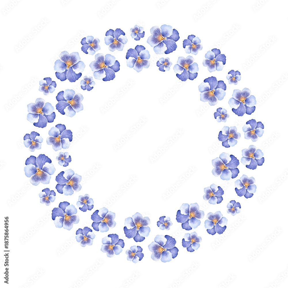 Fototapeta premium Watercolor frame made of blue and purple pansies. Delicate floral style perfect for invitations, greeting cards, scrapbooking, and decorative stationery.