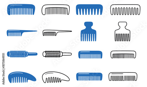 Line art and solid comb set featuring various hairdressing and grooming tools for beauty and personal care