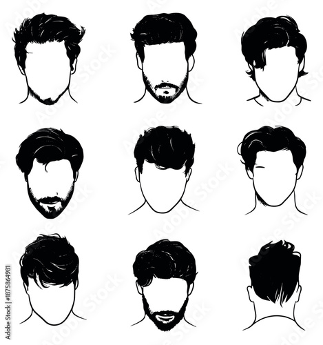 Hand drawn line art men's hair and beard styles set featuring various modern haircuts and facial hair for avatar and fashion design