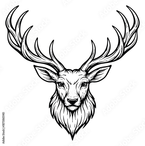 Hand drawn line art illustration of a stag head depicting a majestic animal for wildlife and emblem design