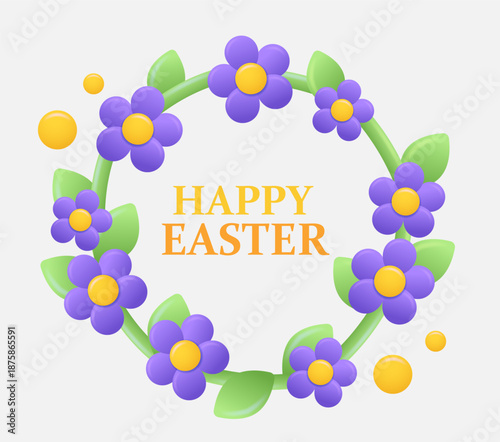 Easter holiday flowers wreath in isolated background. 3D floristic spring circle composition