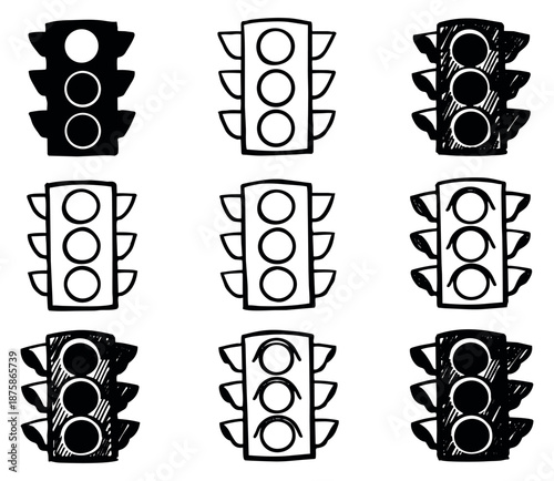Hand drawn traffic light icon set featuring urban signal elements for road safety