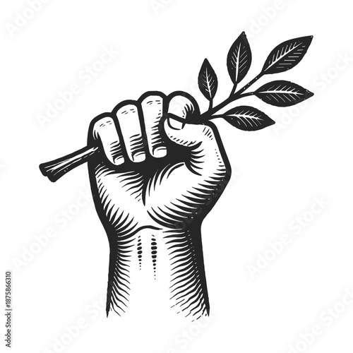 Raised fist holding branch symbolizing eco activism, strength, unity, and environmental justice, perfect for protest and sustainability themes, vector illustration.
