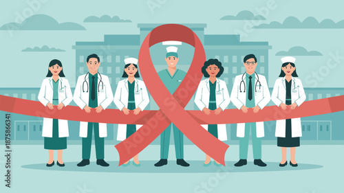 Healthcare professionals showing support for cancer awareness Vector