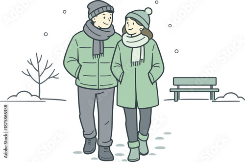 Image Generation. Partners taking a calm winter stroll, walking slowly with hands in pockets and easy body language suggesting