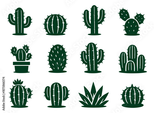Stylized graphic cactus and succulent set featuring diverse desert plants for various design projects