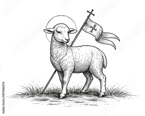 Lamb of God with halo and cross flag, symbol of Jesus, resurrection, and purity, ideal for Easter and Christian faith themes, vector illustration.