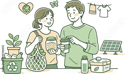 Image Generation. Partners practicing eco friendly habits in daily life, standing close and sharing simple sustainable actions