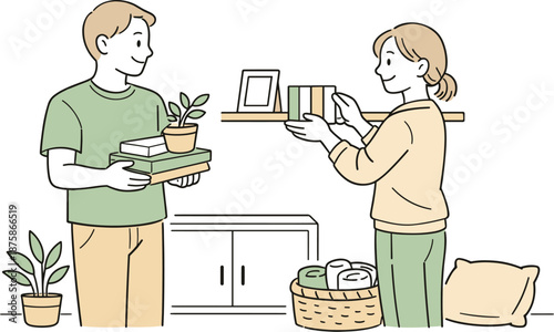 Image Generation. Partners calmly arranging their living space, one holding items while the other organizes with gentle